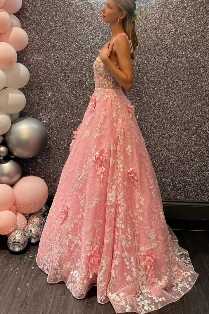 Pink A-Line Empire-Waist Lace Appliques Sleeveless Long Prom Dress