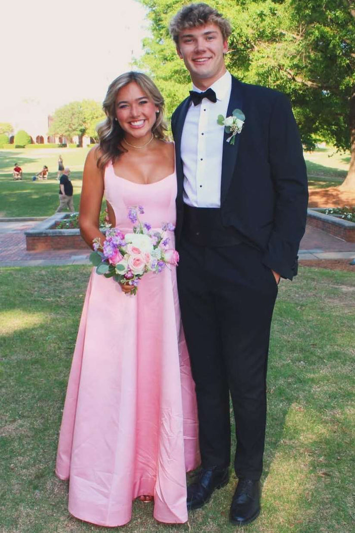 Pink A-Line Empire-Waist Satin Hollow Out Sleeveless Long Prom Dress