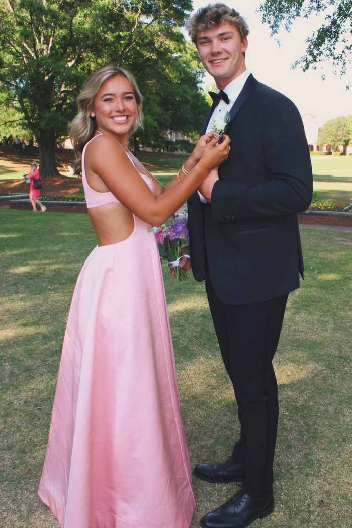 Pink A-Line Empire-Waist Satin Hollow Out Sleeveless Long Prom Dress