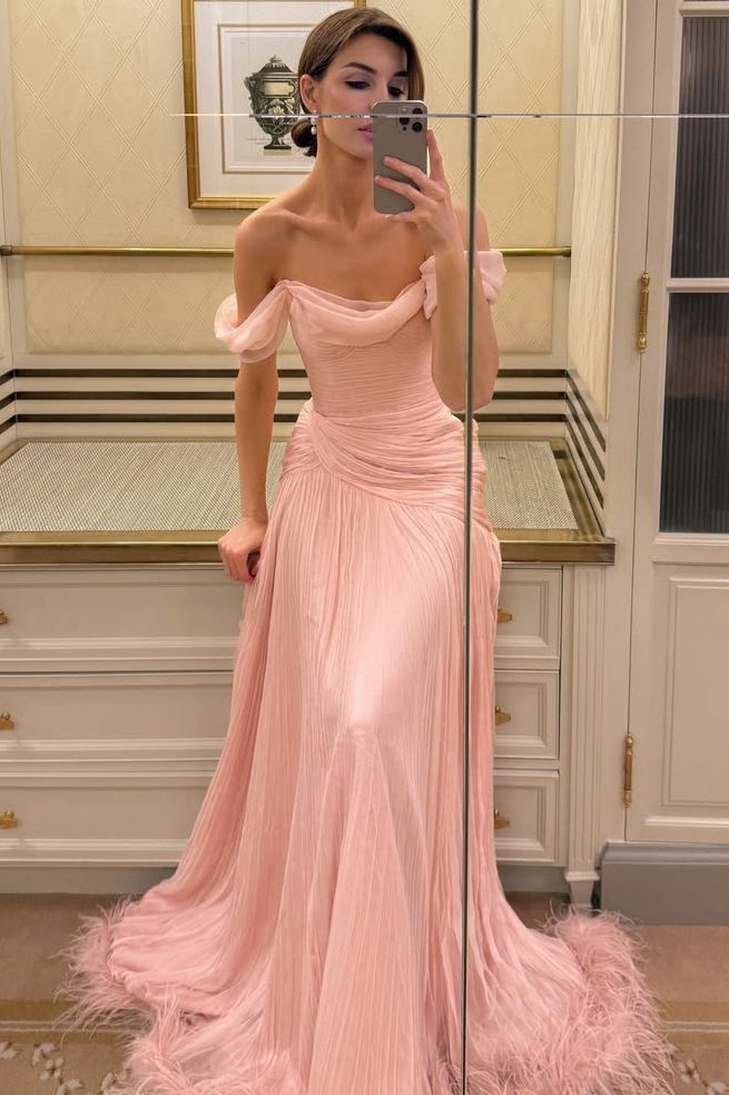 Pink A-Line Off-Shoulder Empire-Waist Pleated Chiffon Long Prom Dress with Feathers