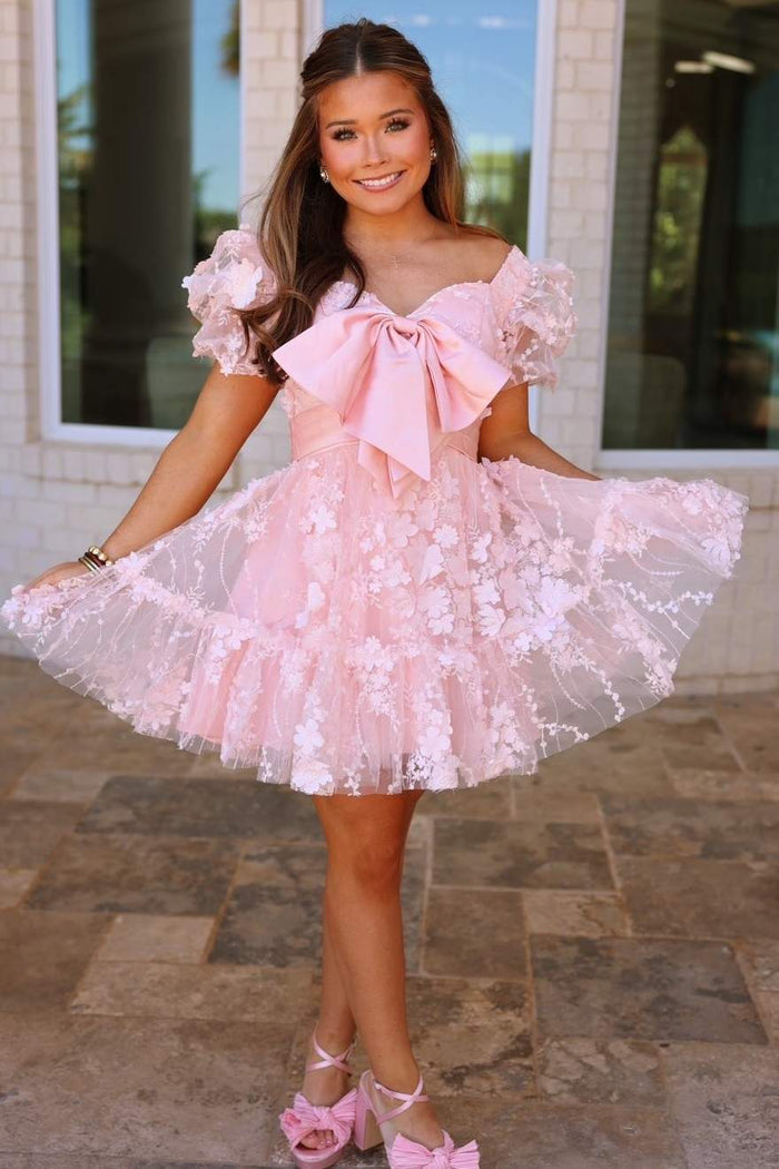 Pink A-Line Short Sleeves Empire-Waist Appliques Short Homecoming Dress