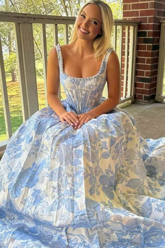 A-Line Square Neck Empire-Waist Jacquard Long Prom Dress with Pearls
