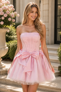 Pink A-Line Strapless Empire-Waist Bow Short Homecoming Dress