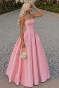 Pink A-Line Strapless Empire-Waist Satin Pleated Long Prom Dress