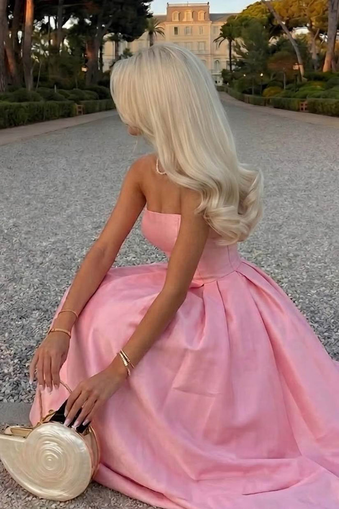 Pink A-Line Strapless Empire-Waist Satin Pleated Long Prom Dress