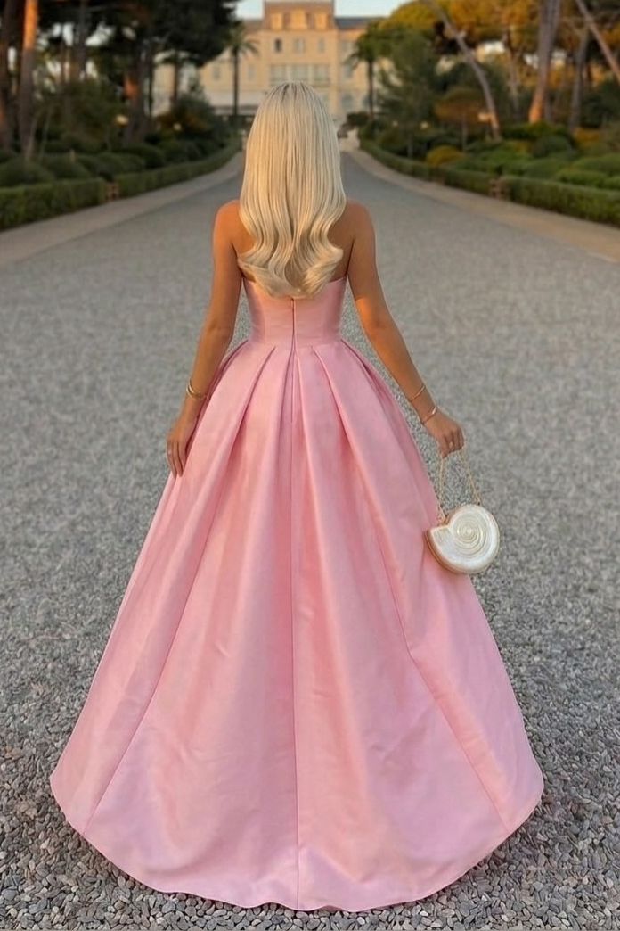 Pink A-Line Strapless Empire-Waist Satin Pleated Long Prom Dress