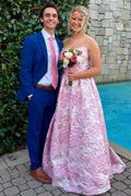 Pink A-Line Strapless Empire-Waist Sleeveless Jacquard Long Prom Dress
