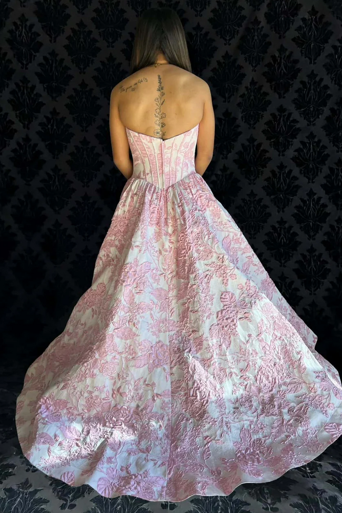 Pink A-Line Strapless Empire-Waist Sleeveless Jacquard Long Prom Dress