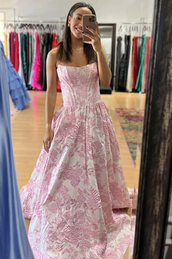 Pink A-Line Strapless Empire-Waist Sleeveless Jacquard Long Prom Dress