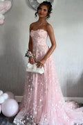 Pink A-Line Strapless Lace Appliques Tulle Long Prom Dress