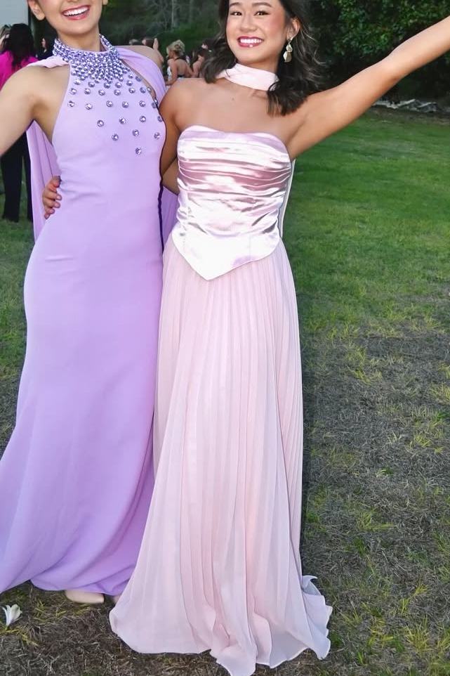 Pink A-Line Strapless Pleats Empire-Waist Pleated Chiffon Prom Dress