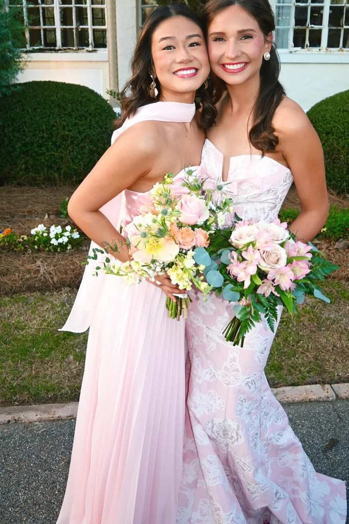 Pink A-Line Strapless Pleats Empire-Waist Pleated Chiffon Prom Dress