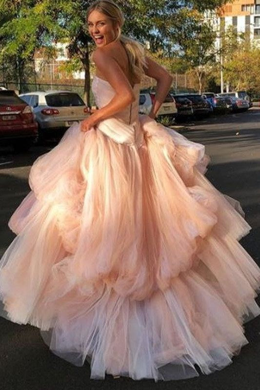 Pink A-Line Strapless Ruffles Tulle Empire-Waist Sleeveless Evening Prom Dress