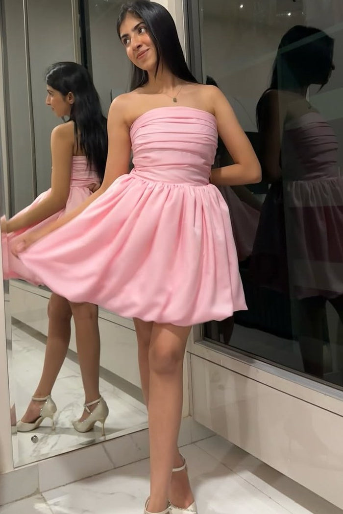 Pink A-Line Strapless Scoop Pleated Sleeveless Short Party Homecoming