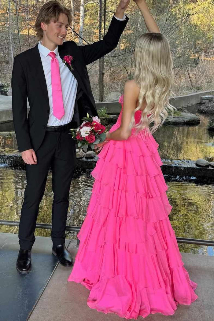 Pink A-Line Strapless V-Neck Ruffles Chiffon Long Prom Dress with Bow