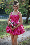 Pink A-Line Straps Jacquard Sweetheart Puffy Empire-Waist Homecoming Dress