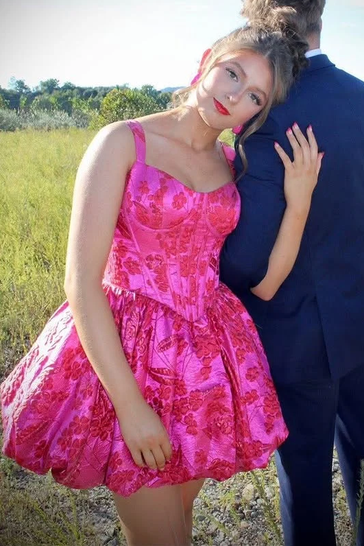 Pink A-Line Straps Jacquard Sweetheart Puffy Empire-Waist Homecoming Dress