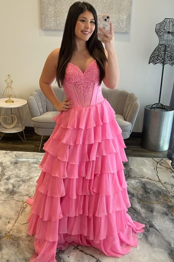 Pink A-Line Sweetheart Appliques Empire-Waist Ruffles Chiffon Prom Dress