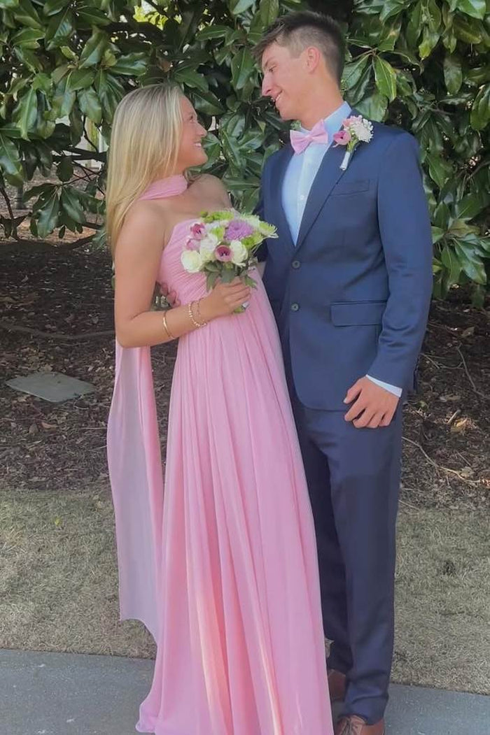 Pink A-Line Sweetheart Empire-Waist Pleated Strapless Chiffon Prom Dress