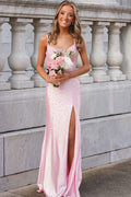 Pink Beaded Spaghetti Straps Sleeveless V-Neck High Slit Long Prom Dress