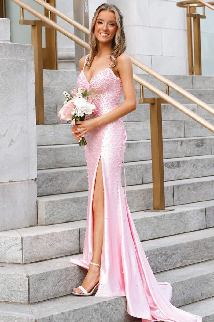 Pink Beaded Spaghetti Straps Sleeveless V-Neck High Slit Long Prom Dress