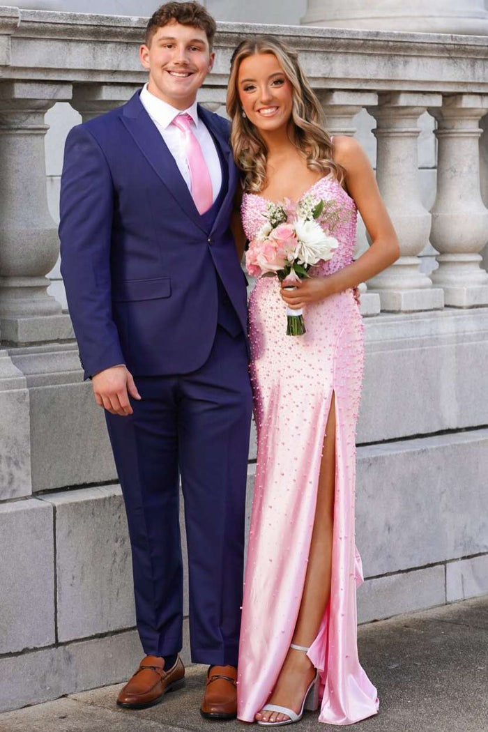 Pink Beaded Spaghetti Straps Sleeveless V-Neck High Slit Long Prom Dress