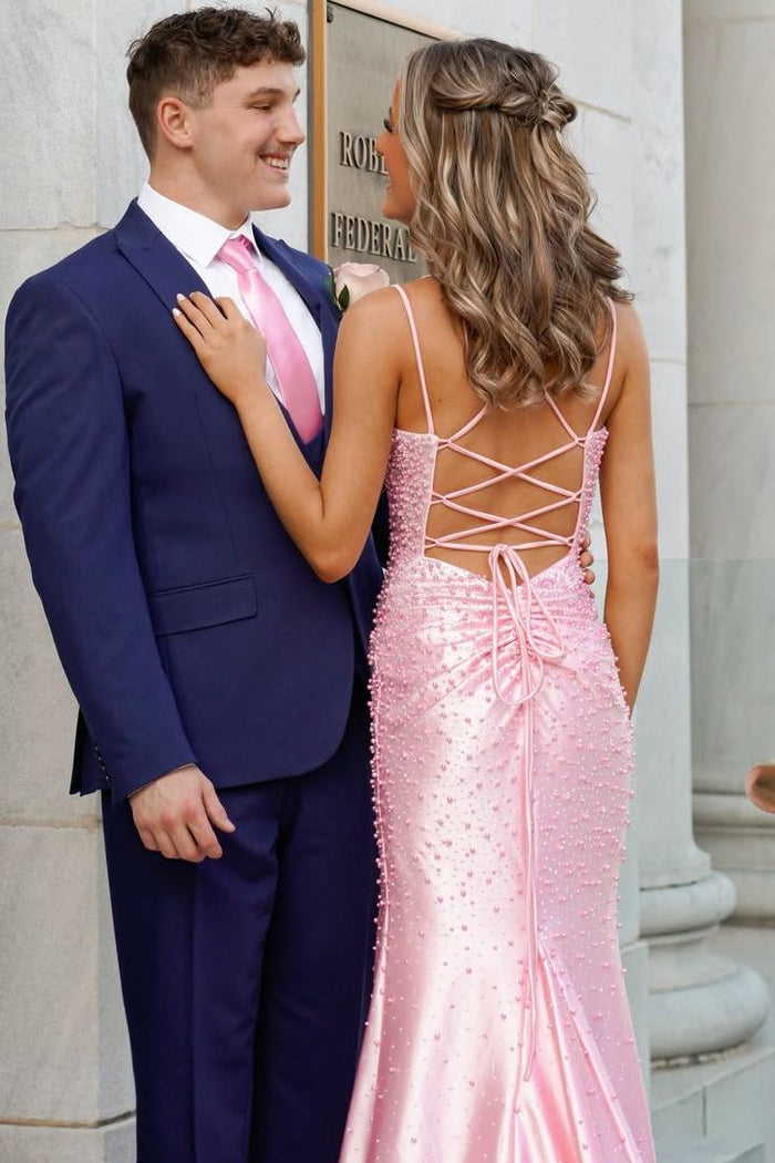 Pink Beaded Spaghetti Straps Sleeveless V-Neck High Slit Long Prom Dress