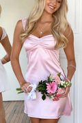 Pink Cute Straps V-Neck Sleeveless Satin Mini Party Homecoming Dress