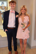 Pink Deep V-Neck 3D Flower Sleeveless Short Homecoming Dress
