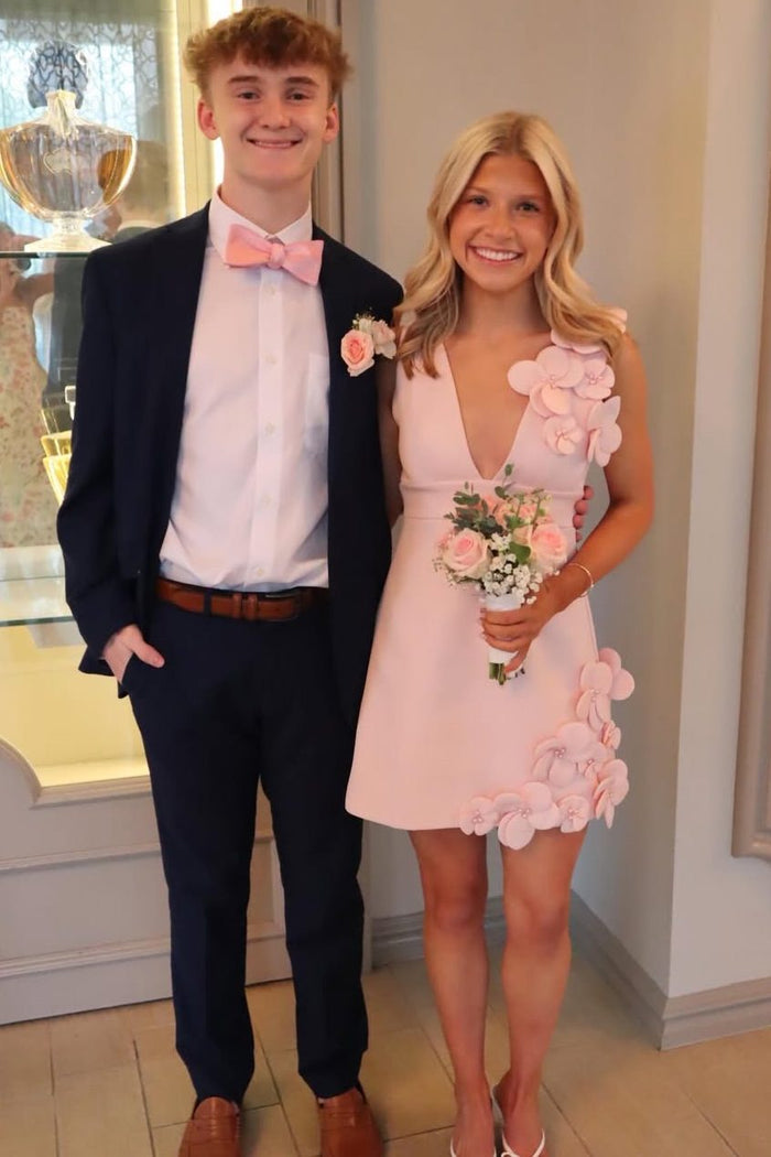 Pink Deep V-Neck 3D Flower Sleeveless Short Homecoming Dress