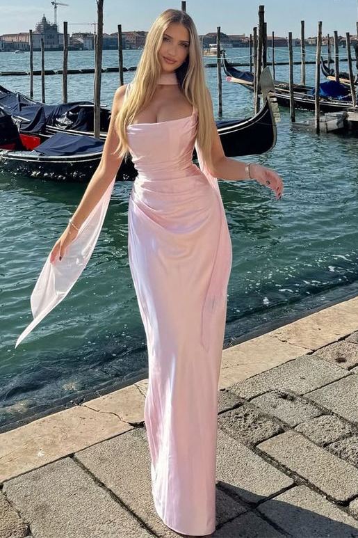 Pink Double Straps Pleats Satin Fitted Sleeveless Prom Dress with Ribbon