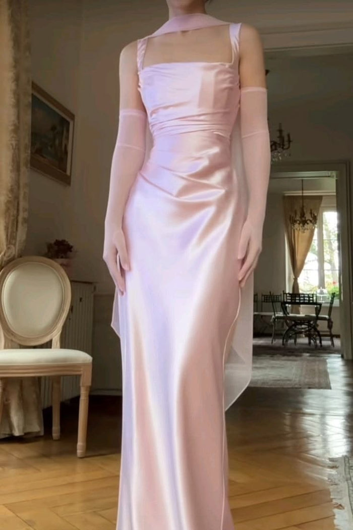 Pink Double Straps Pleats Satin Fitted Sleeveless Prom Dress with Ribbon