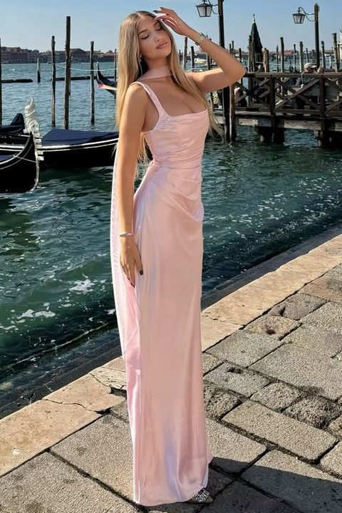 Pink Double Straps Pleats Satin Fitted Sleeveless Prom Dress with Ribbon
