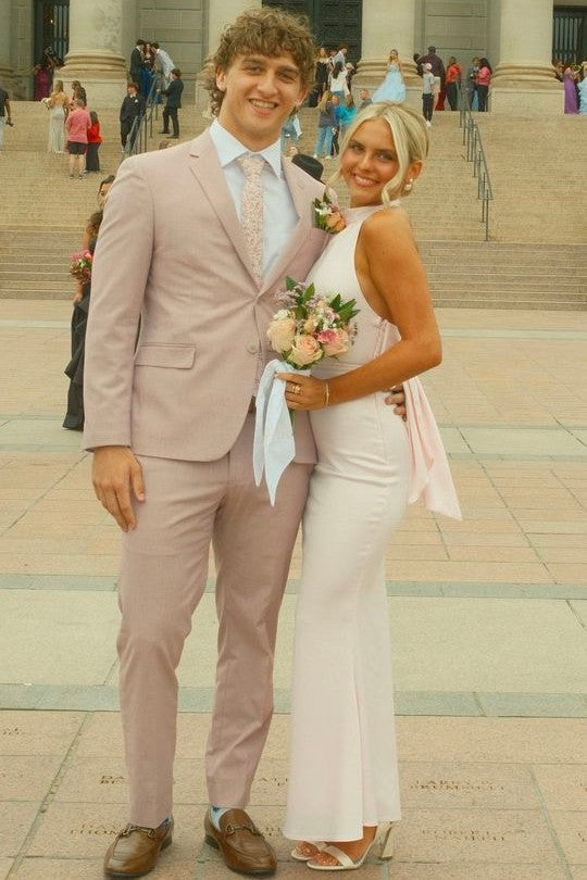 Pink Elegant High Neck Satin Pleats Backless Bow Long Prom Dress