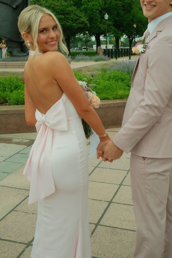Pink Elegant High Neck Satin Pleats Backless Bow Long Prom Dress