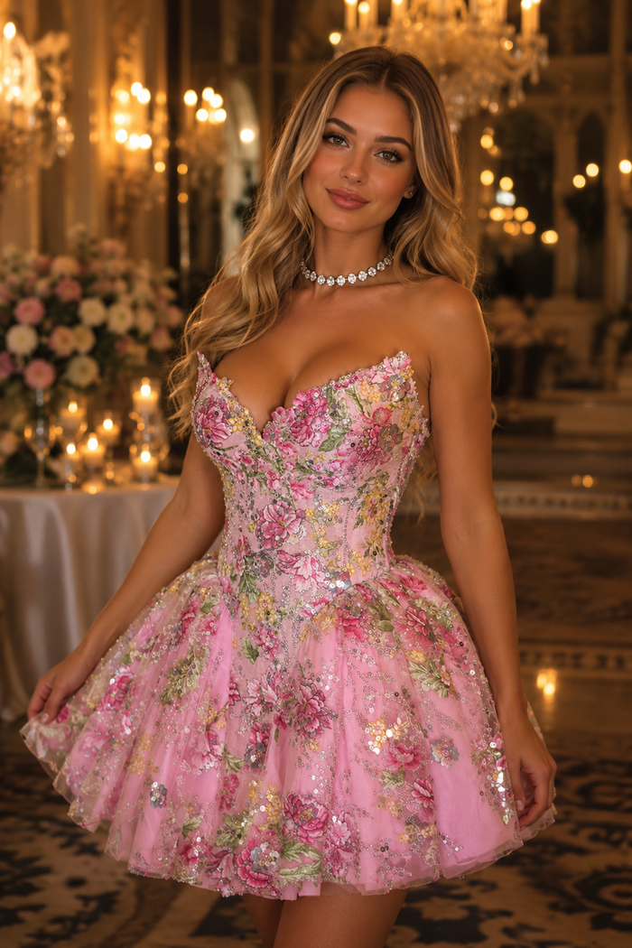 Pink Floral Strapless Glitter Homecoming Mini Dress with Sweetheart Neckline