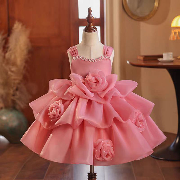 Pink Flower Girl Dress Sleeveless for Princess Kids 1st Birthday Party J710