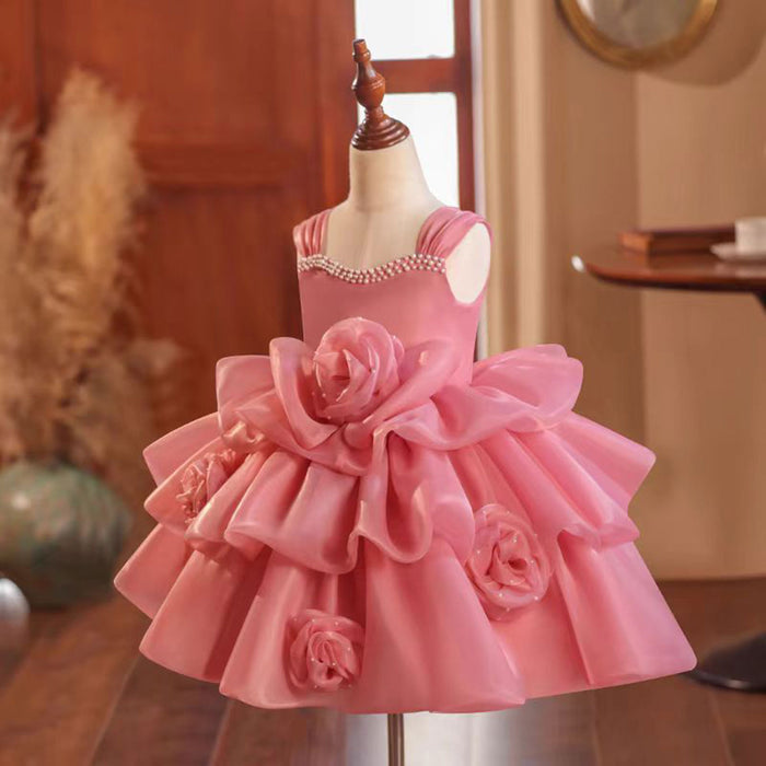 Pink Flower Girl Dress Sleeveless for Princess Kids 1st Birthday Party J710