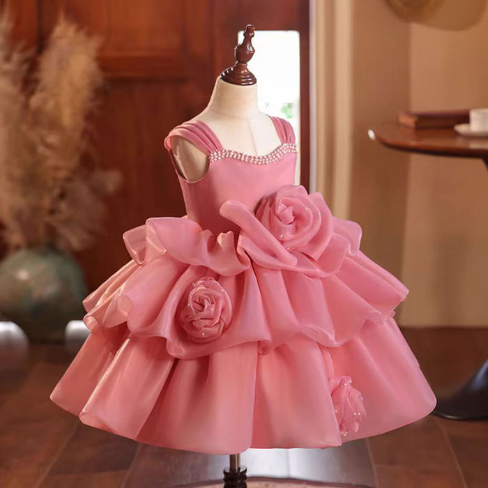Pink Flower Girl Dress Sleeveless for Princess Kids 1st Birthday Party J710