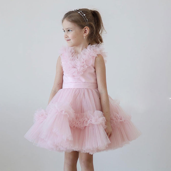 Pink Flower Girl Dress V-Neck Tiered Tulle for Birthday Party J116