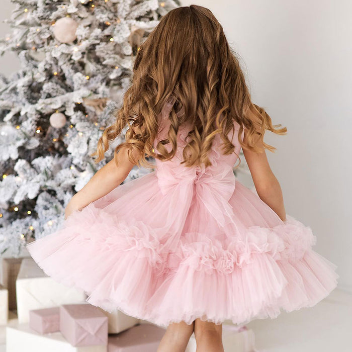 Pink Flower Girl Dress V-Neck Tiered Tulle for Birthday Party J116