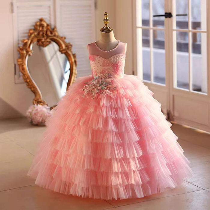 Pink Flower Princess Girl Dress Birthday Party Gown J787
