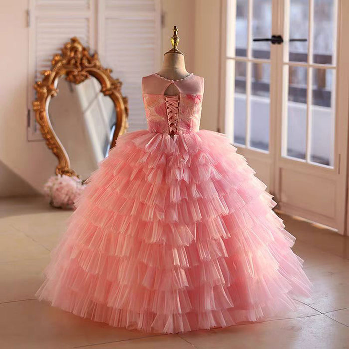 Pink Flower Princess Girl Dress Birthday Party Gown J787