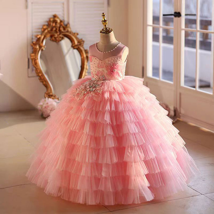 Pink Flower Princess Girl Dress Birthday Party Gown J787