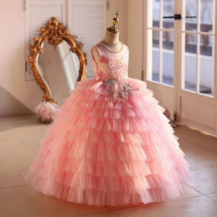 Pink Flower Princess Girl Dress Birthday Party Gown J787