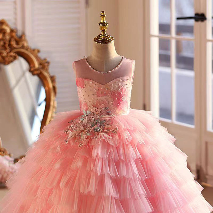 Pink Flower Princess Girl Dress Birthday Party Gown J787