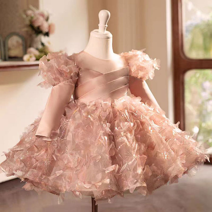 Pink Flower Princess Girl Dress Satin Feathers Kids 1st Birthday Party J475