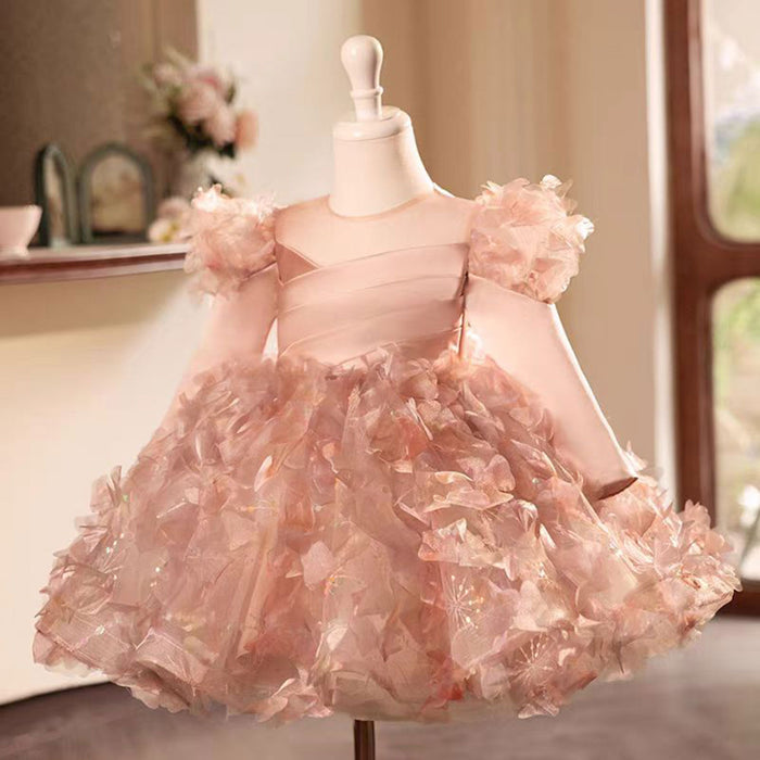 Pink Flower Princess Girl Dress Satin Feathers Kids 1st Birthday Party J475