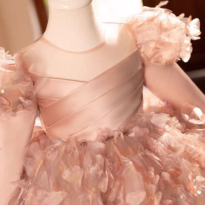Pink Flower Princess Girl Dress Satin Feathers Kids 1st Birthday Party J475