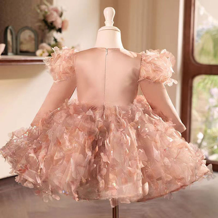 Pink Flower Princess Girl Dress Satin Feathers Kids 1st Birthday Party J475